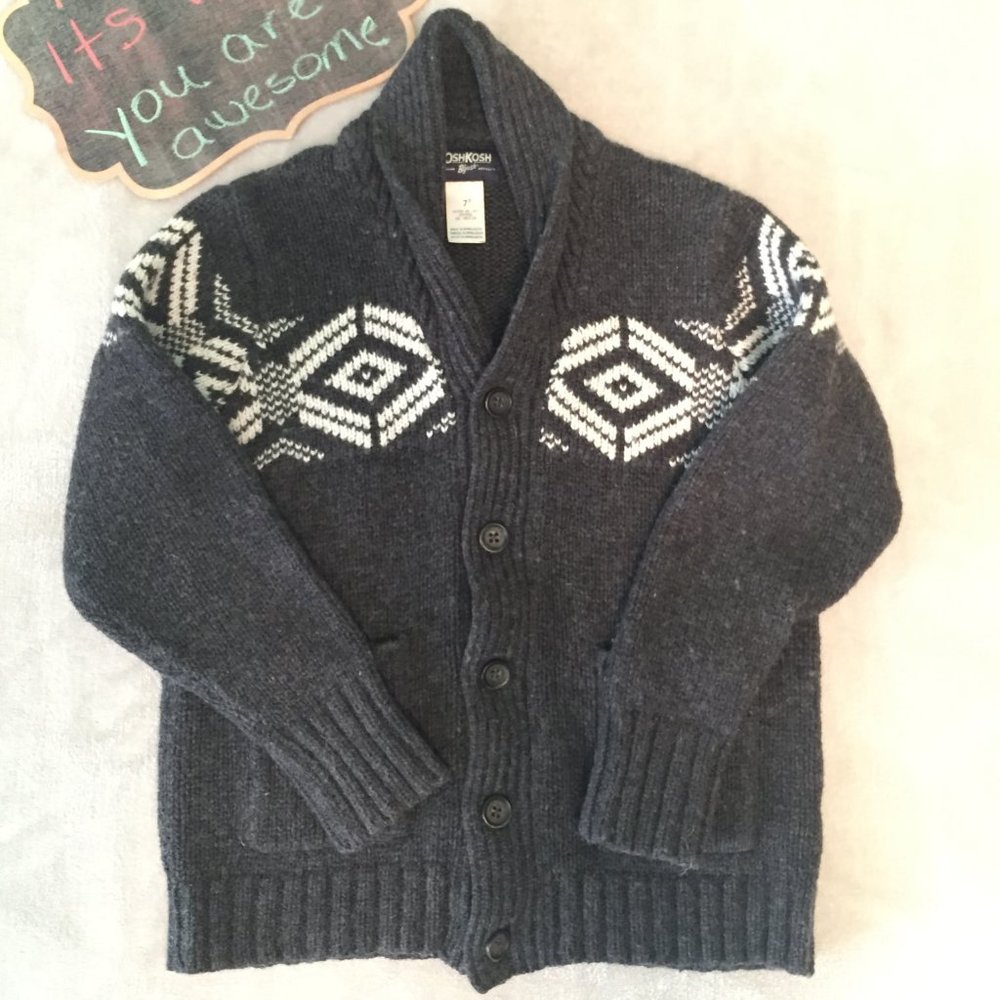 Vintage OshKosh B'gosh Fair Isle Cardigan Sweater – Charcoal/White – Size 7